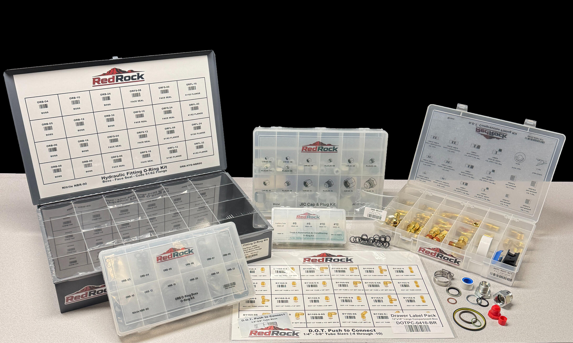 Custom-branded hydraulic and industrial fitting and o-ring assortment kits with labels, packaging, lid charts, and identification systems.